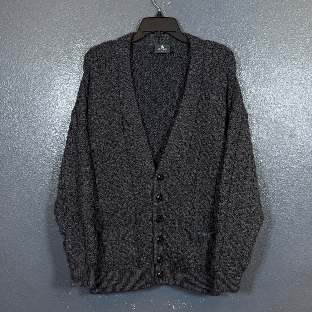 Aran Craft M men’s blue knitted cardigan sweater Merino wool made in Ireland
